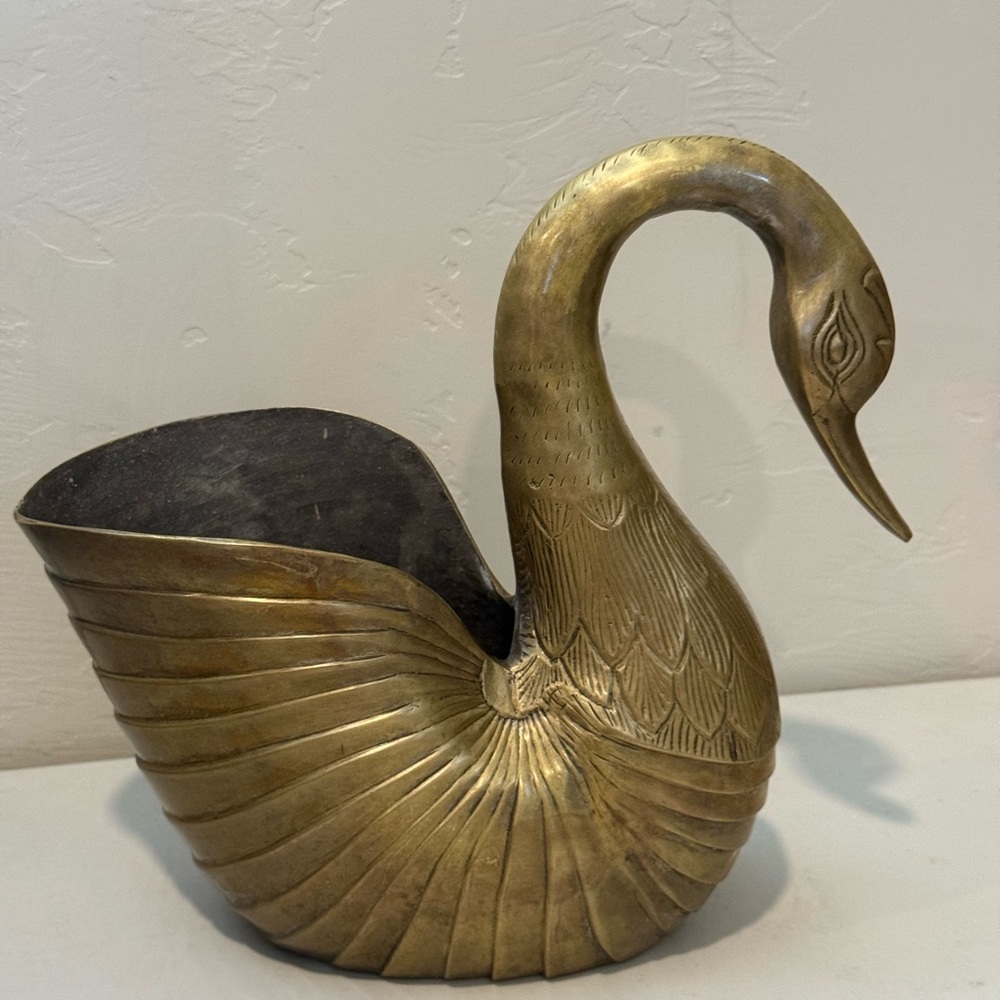 Vintage Solid Brass 10 inch Swan Showpiece Planter natural patina